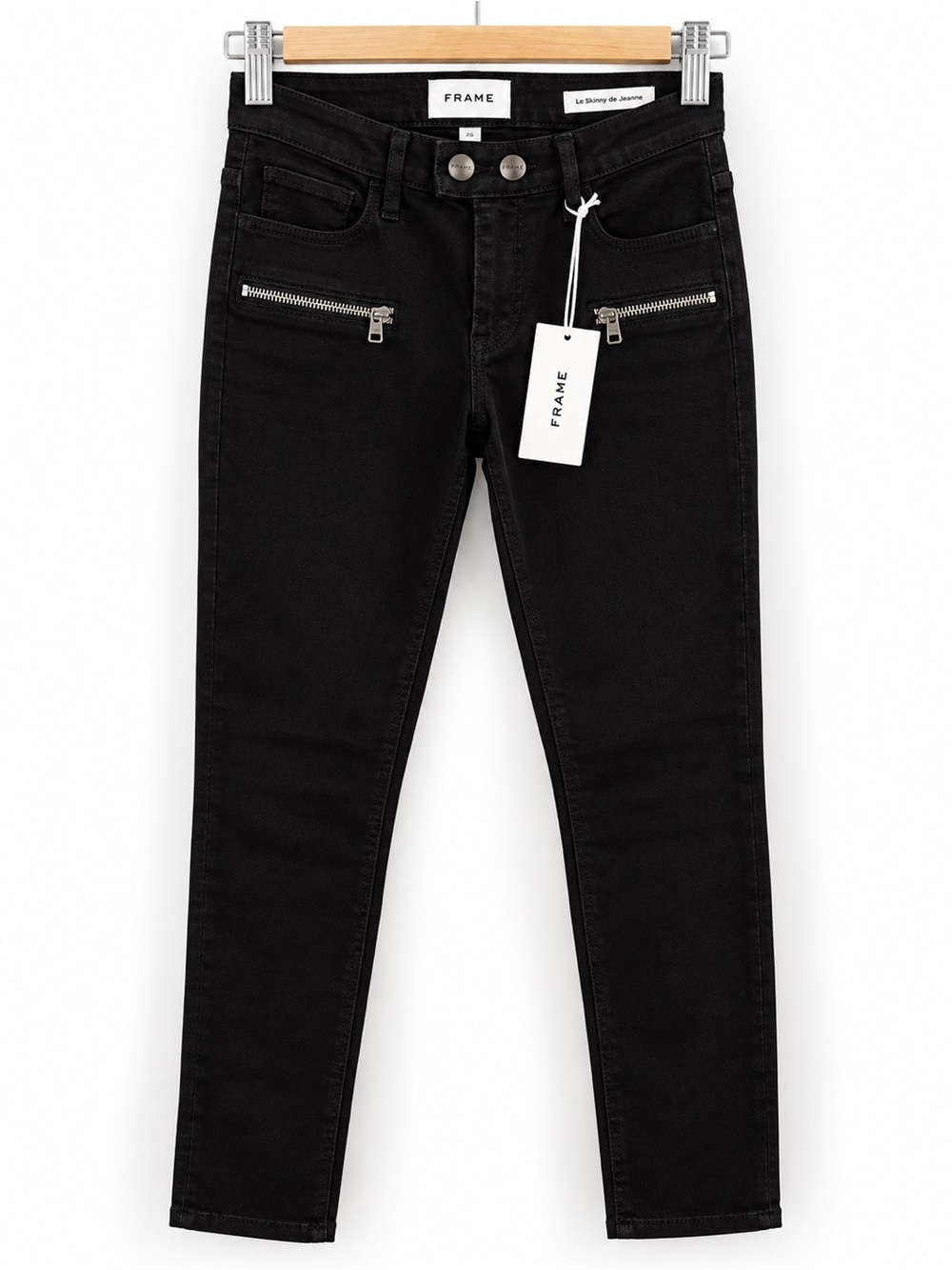 FRAME Le Skinny de Jeanne Black Moto Zip Skinny Jeans 26 NWT Sample USA